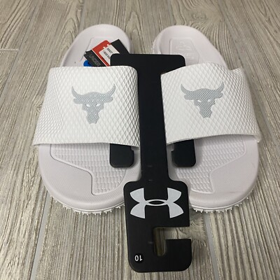 Under Armour Project Rock Logo Slide Sandals Men s 8 White Fat Tire NWT