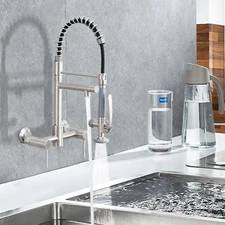 Wall Mount Kitchen Faucet with Pull down Sprayer, 8 Inch Center Sink Faucet, Hea