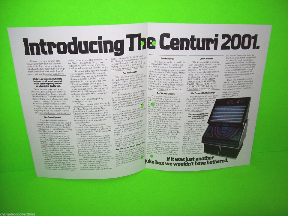 2001 CENTURI 1981 ORIGINAL JUKEBOX PHONOGRAPH PROMO SALES FLYER
