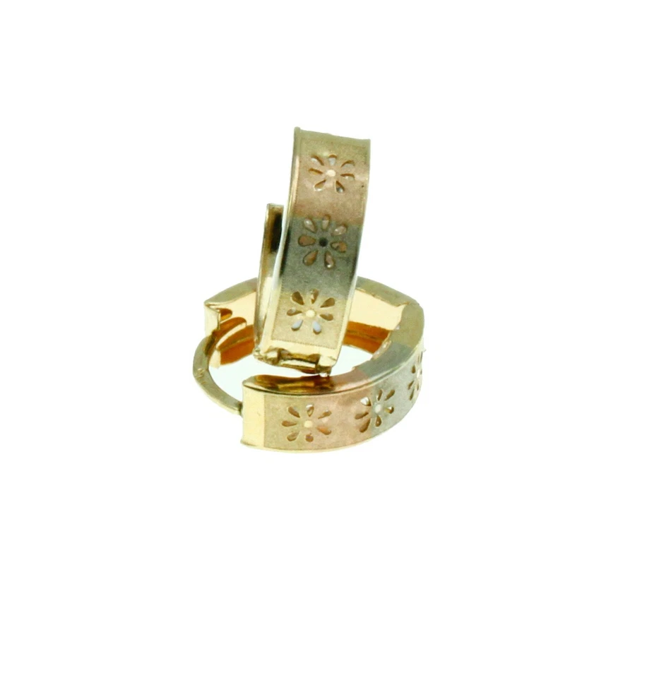New Flower design on Multi Tone 14K Solid Gold Reversible Huggies Hoop Earrings  - Image 4 of 4