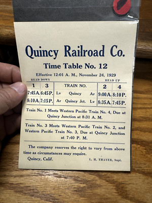 QUINCY RAILROAD Time Table #12 Nov 24 1929 very short California Shortline RARE