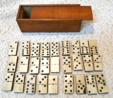 Set of 27 Bone  Ebony with Brass Pins antique dominoes  Wood Dovetail box