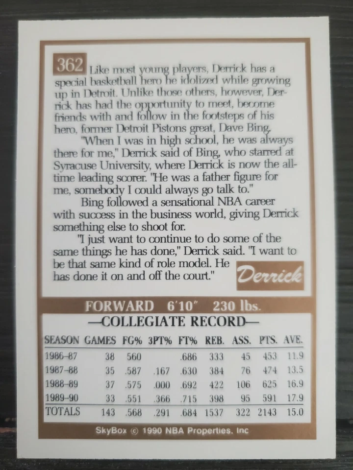 1989-90 SKYBOX NBA ROOKIE DRAFT CARD #362 DERRICK COLEMAN NEW JERSEY NETS - Image 2 of 2