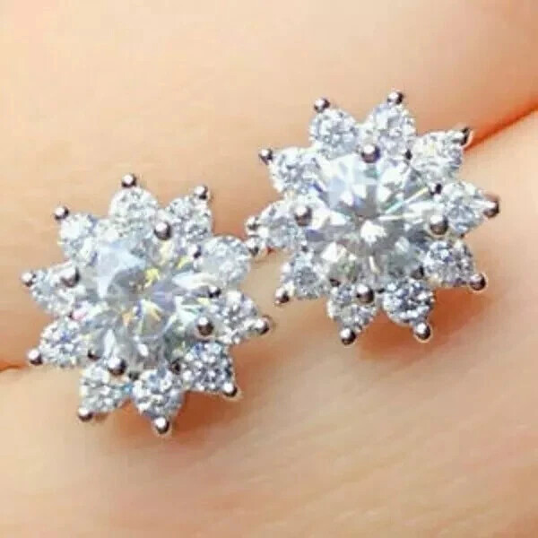 4.20Ct Lab-Created Diamond Push Back Flower stud Earrings 14K White Gold Over
