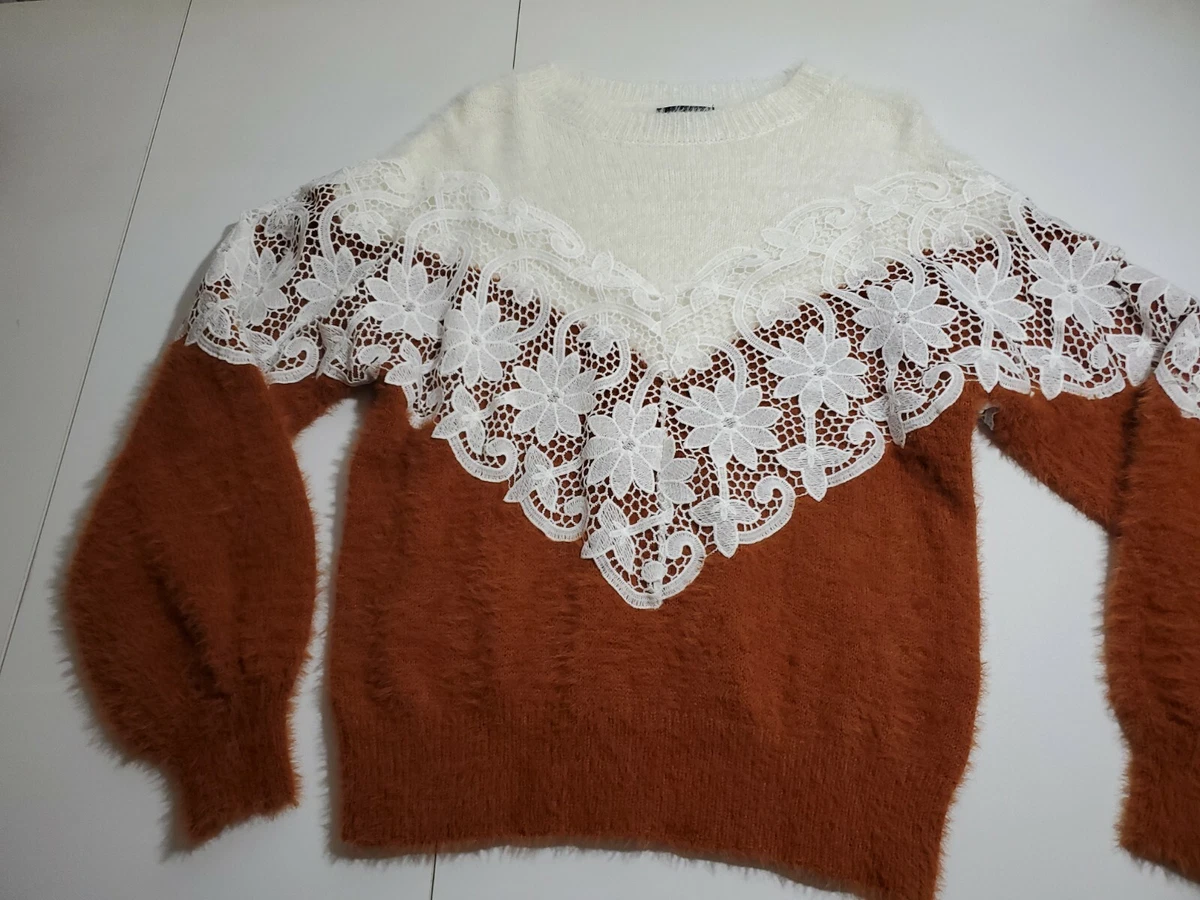 Blue B Sweater Crew neck lace detail fluffy Ivory Brown sweater OS see details
