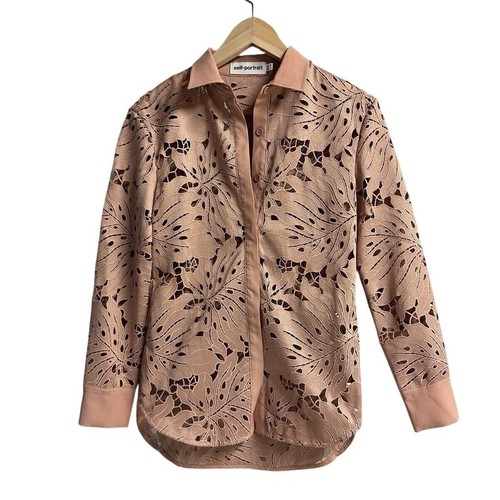 Self Portrait Tropical Palm Lace Button Down Top in Nude Blush Women's 2