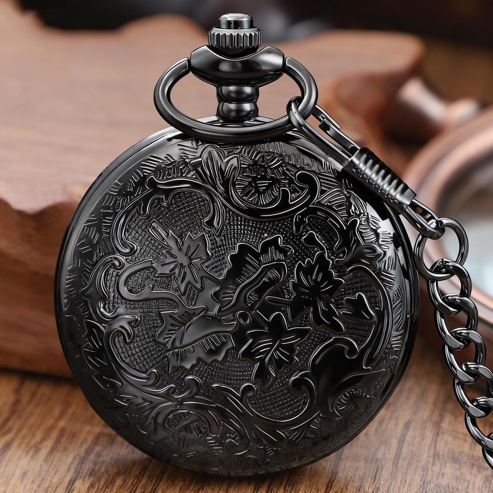 Realpoo Black Hollow Roman Covered Quartz Men's Pocket Watch,Roman CF ...