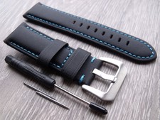 24mm Panerai Luminor Black Sailcloth Watch Strap Blue Stitching Silver Buckle