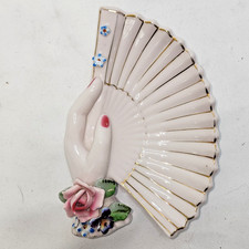 Lefton China Hand Painted Lady's Hand Fan Trinket Candy Dish Pink Rose Japan (79