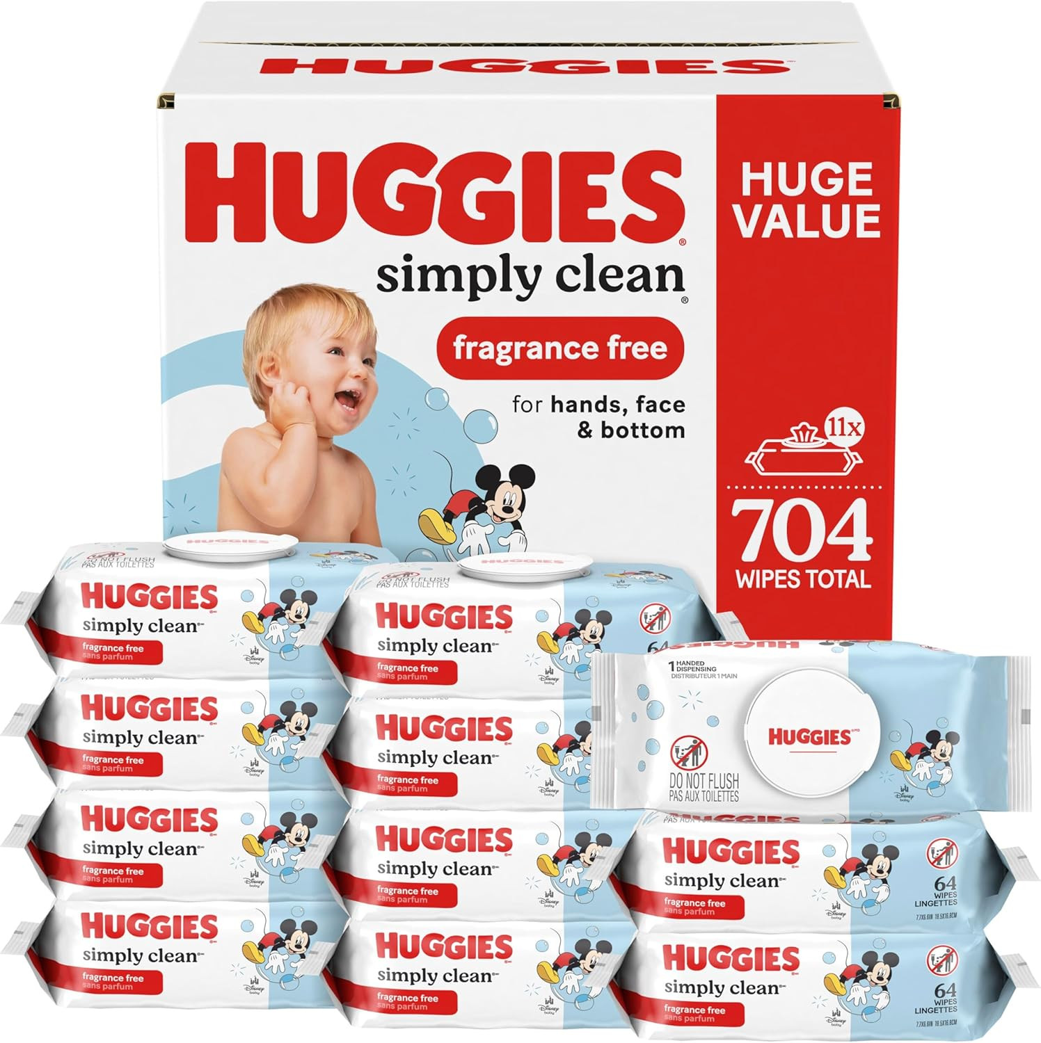 Huggies Simply Clean Unscented Baby Wipes, 11 Flip-Top Packs (704 Wipes Total)