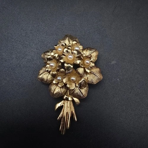 Boucher Gold Tone Floral Bouquet Brooch Faux Pearls Vintage Costume Jewelry