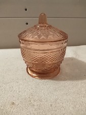 VTG 5.25" Tall Pink Diamond Point Depression Glass Sugar Bowl w Lid