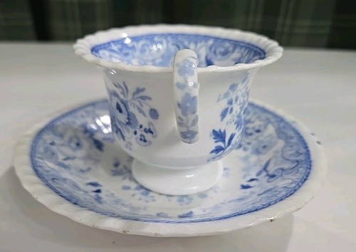 Staffordshire Felspar China cup and saucer, Georgian blue & white floral tea cup - Picture 3 of 13