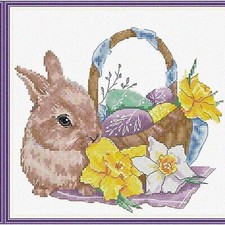 Bunny Bliss Cross-Stitch Delight: Beginner's 14 CT Needlework Kit with Eggs, Pri