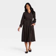 Women's Long Sleeve Tie-Waist Midi Dress - A