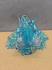 VINTAGE FENTON TEAL BLUE IRIDESCENT 3 HORN HOBNAIL EPERGNE BOWL HORN VASE