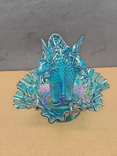 VINTAGE FENTON TEAL BLUE IRIDESCENT 3 HORN HOBNAIL EPERGNE BOWL HORN VASE
