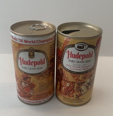 2 Hudepohl Cincinnati Reds Steel Beer Cans 1975 & 1976 World Series Champs Empty
