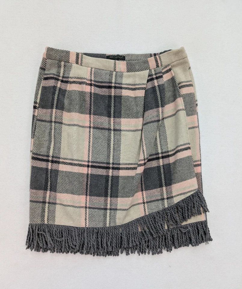 Saia feminina Cynthia tamanho L cinza xadrez franja flanela envoltório falso lápis NOVO - Imagem 2 de 4