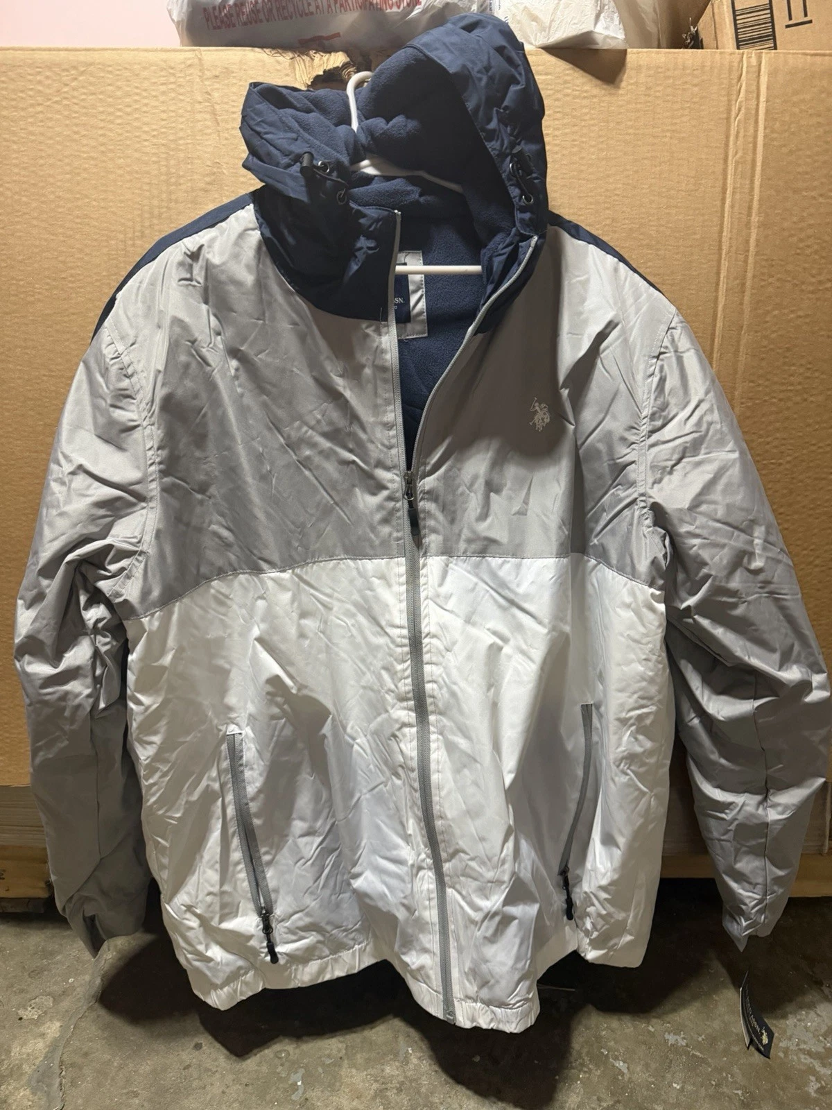 U.S. Polo Assn. Men's XL Hooded Colorblock Windbreaker Jacket Gray Navy Logo