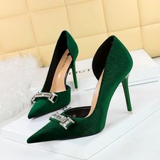 Women Velvet Side Hollow Rhinestone Buckle High Heels Pumps Stiletto Party Shoes
