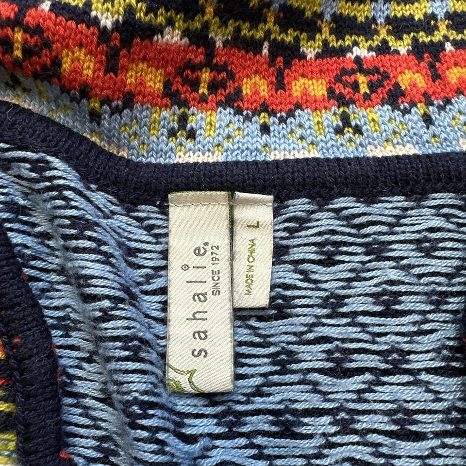 Sahalie Suéter Abrigo Mujer Grande Azul Fair Isle Cremallera Cárdigan Boho Nordic Folk Foto 2 de 4