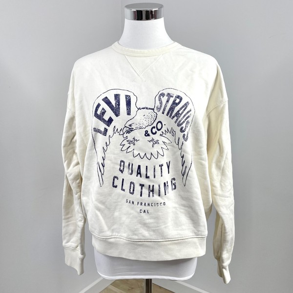 Levi's Sweatshirt Womens M Ivory Graphic Signature Crewneck Relaxed Fit Cotton