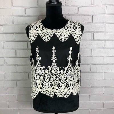 Design Lab Black White Soutache Embroidered Sleeveless Top Large