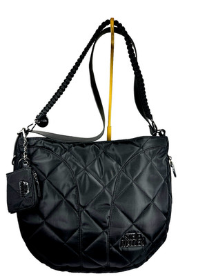 Steve Madden Quilted Nylon Shoulder Tote Bag Black Hobo Purse Zip Pocket Charm