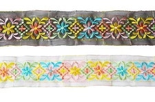 Unotrim 2.5" Ivory & Black Sheer Floral Color Embroidered Lace Trim By Yardage