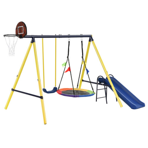 Outdoor Metal Play Frame Swing Set Basketball Hoop Slide Yellow Over 3 Years Old - Picture 7 of 11