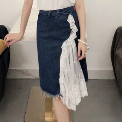 Damen Blumen Spitze Jeansrock Patchwork A Line Rüschen Halb Kleid Asymmetrisch