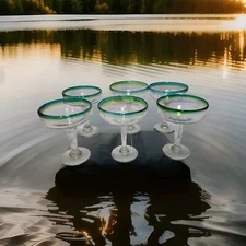 Mexican Hand-Blown Glass Margarita (no salt) 16 oz Teal Blue Green  7" Set of 6