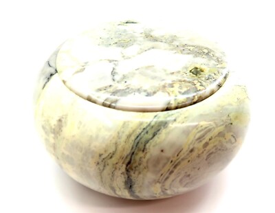 Vintage Large Round Carved Stone Marbel Trinket Box 5.5'' across 3'' Tall 1.8 lbs