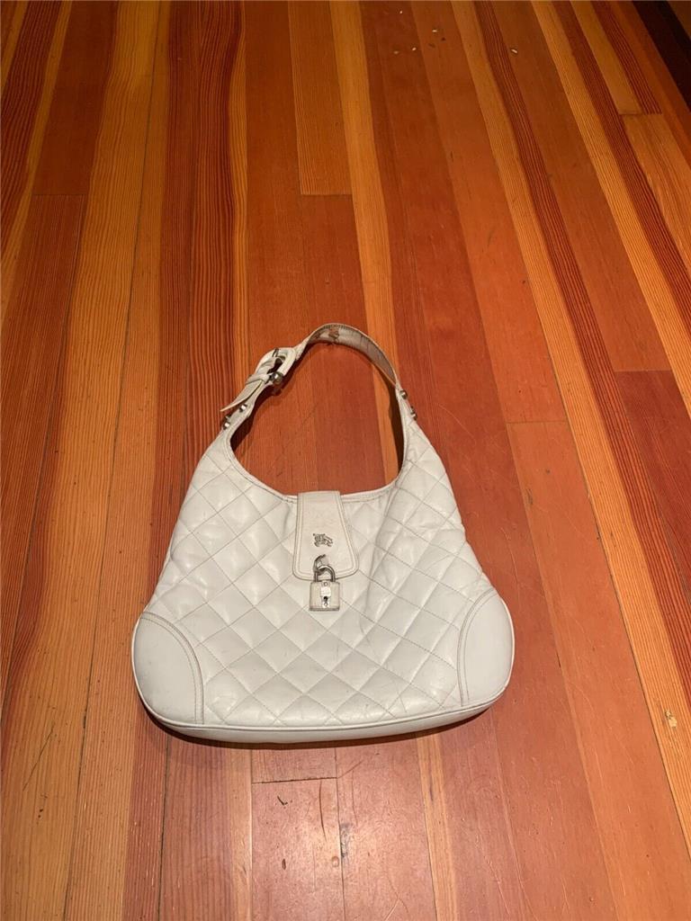 Burberry Hobo Shoulder Bag Winter White Quilted Leather Lock