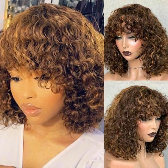 Short Bob Curly Deep Wave Human Hair Wig Highlight Brown Wig With Bangs No Lace - Image 3 of 4