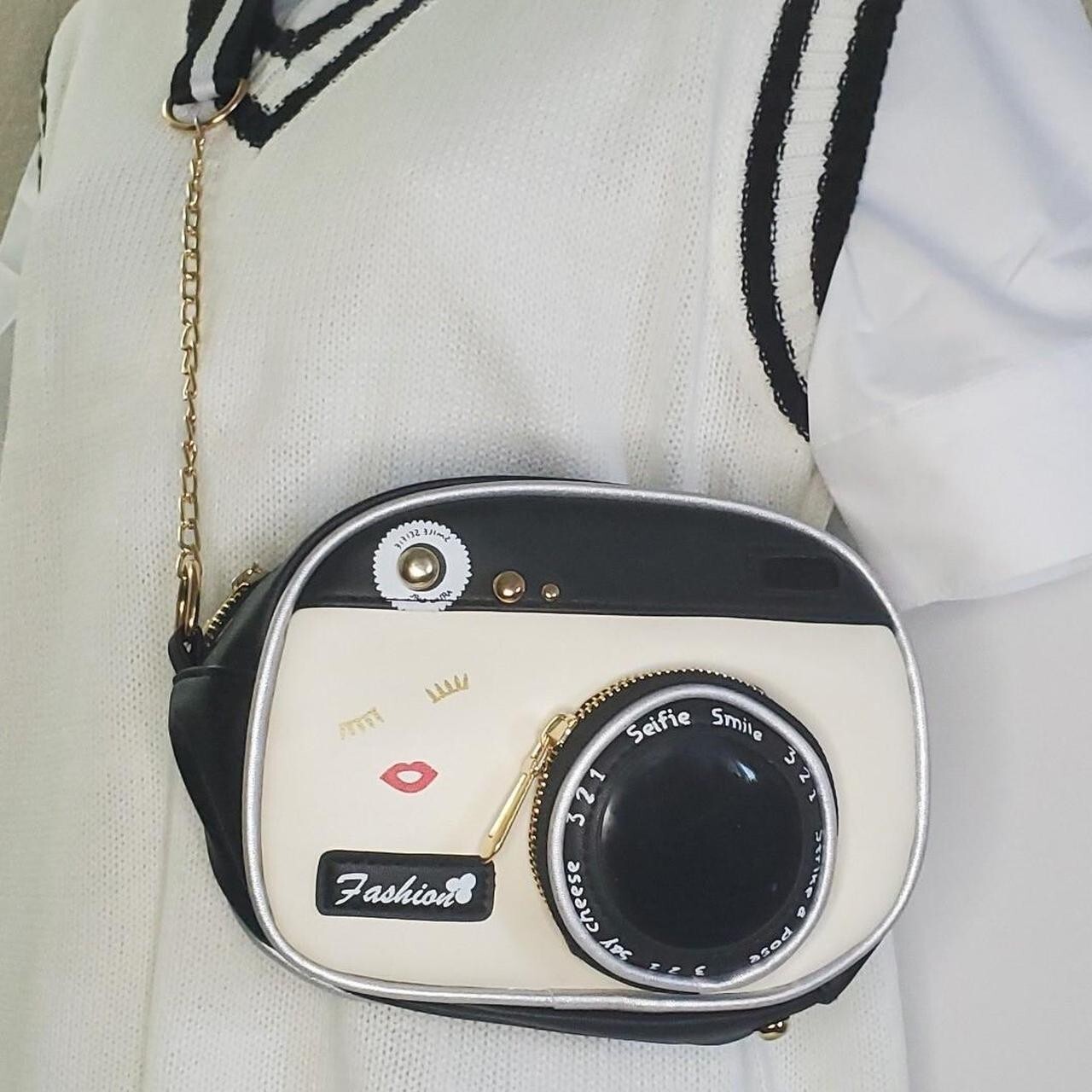 Super Cute Black & Beige shaped Camera Vinyl Women's Crossbody Purse