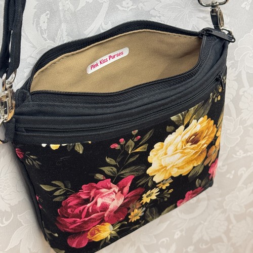 Roses Crossbody Purse Bag Handmade Fabric Canavs Bag Adjustable Strap Black - Picture 7 of 8