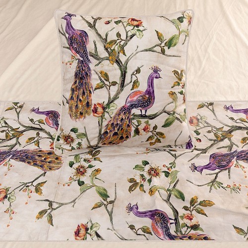 Decorative Twin Bed Runner Ivory & Multicolor Peacock with Beads - Peacock Queen - Picture 4 of 4