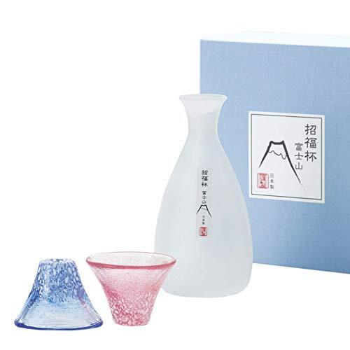Cold Sake Set Mt. Fuji Set of Sake Cup & Bottle Blue Red White Made in Japan - Picture 1 of 7