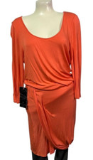 Bebe Women's Dress Long Sleeve Ruched Midi Asymmetrical Hem Scoop Size L NWT NEW