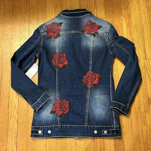 Lularoe Denim Jacket Jaxon Size Small Embroidered Roses Washed Dark Blue - Picture 2 of 5