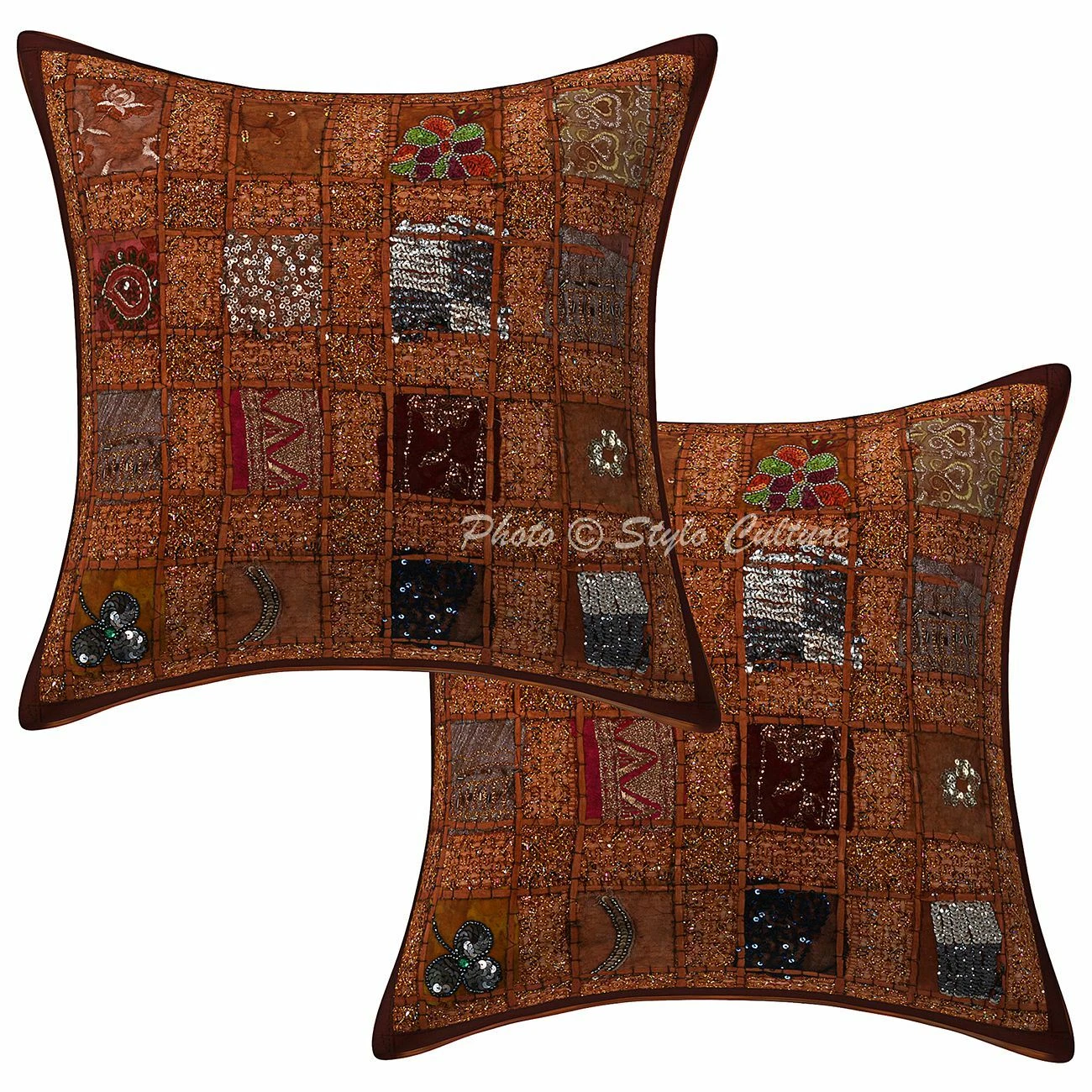Ethnic Cotton 40 x 40 cm Patchwork Embroidered Sequins Throw Pillow Covers
