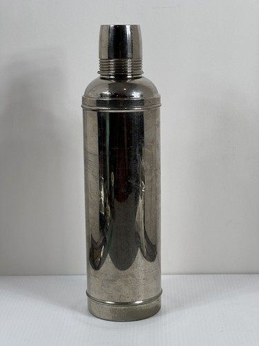 ANTIQUE 1908 AMERICAN THERMOS CO. BRASS NICKEL PLATED GLASS LINED THERMOS 13.75"