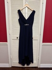 Eliza J Crystal Detail High-Low Sleeveless Gown Navy Blue V-Neck New Size 4