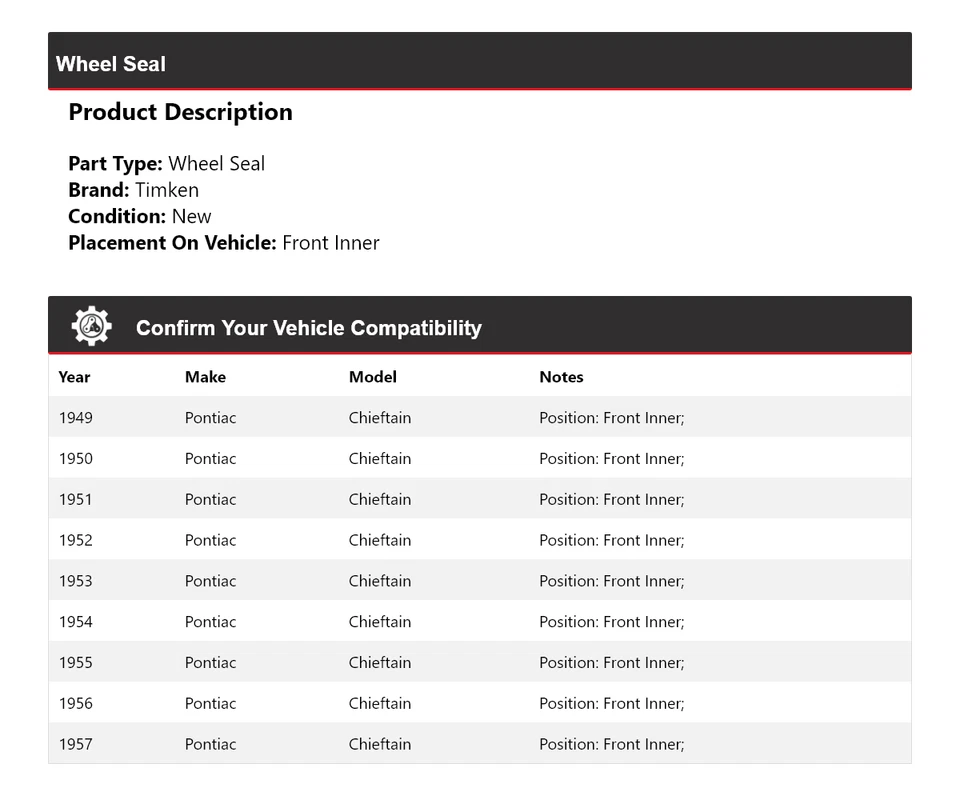 Sello de rueda interior delantero Timken 1950 1951 1952 para Pontiac Chieftain 1949-1957 Foto 2 de 4