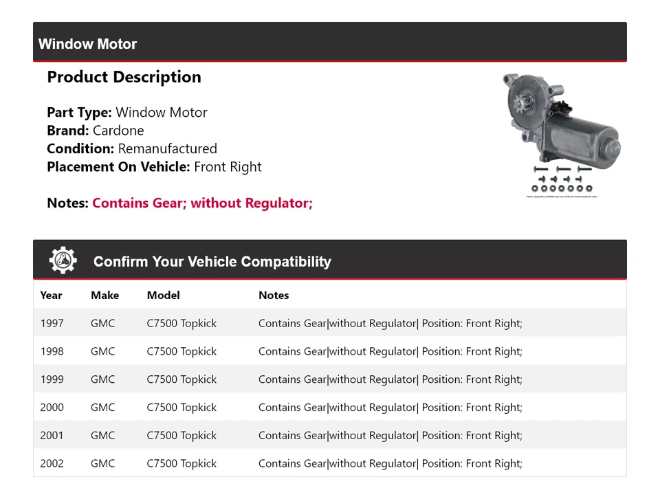 Para GMC C7500 1997-2002 Topkick Ventana Motor Delantero Derecho Cardone 1998 1999 2000 Foto 2 de 4