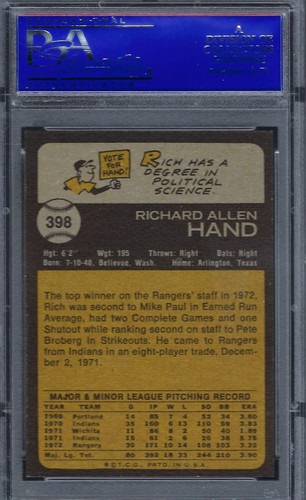 1973 Topps #398 PSA 8 Rich Hand Rangers 398 - Imagen 2 de 2