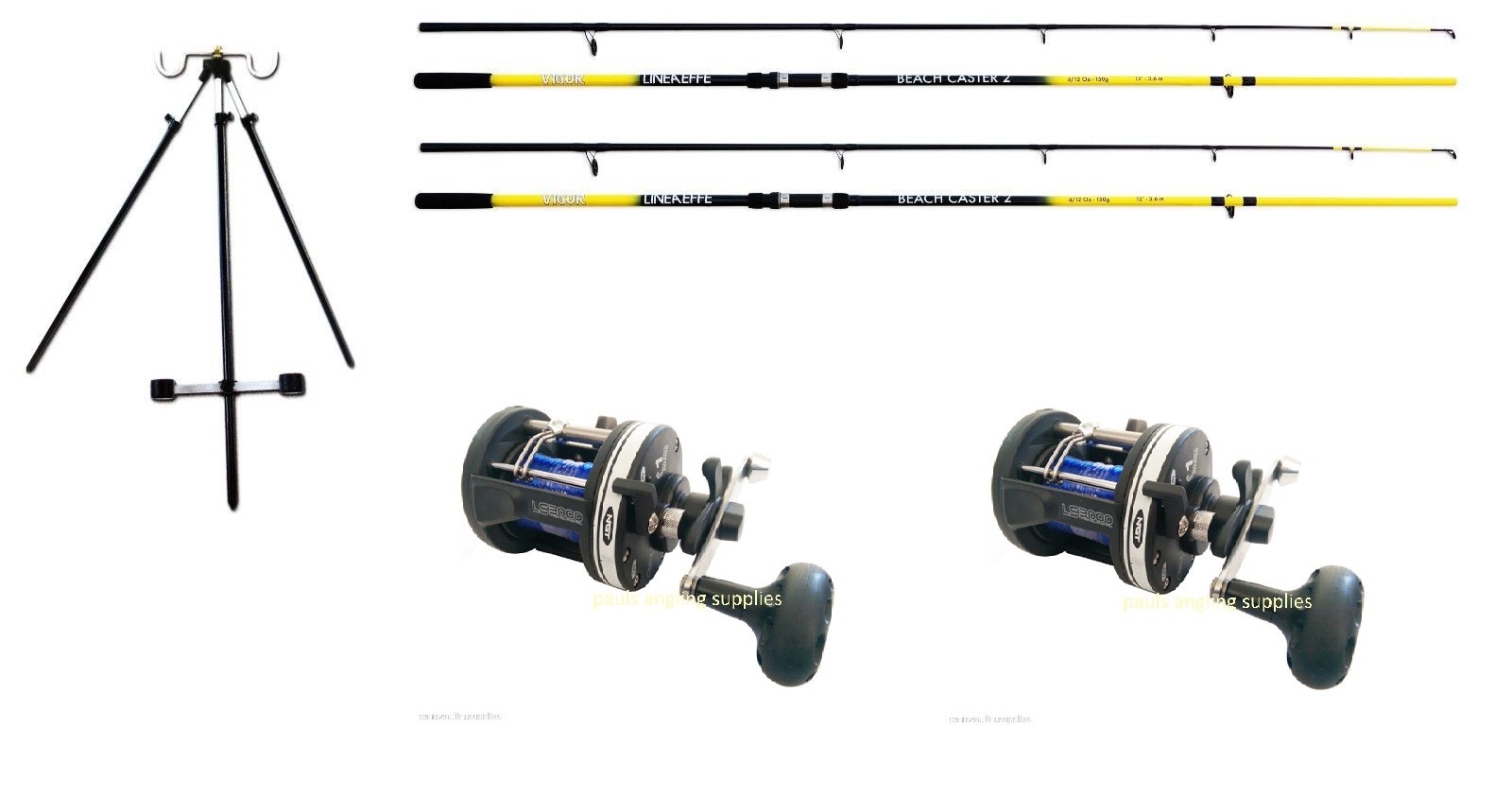 2 x 12 ft Lineaeffe Rods & Multiplier LS Reels & Tripod Beachcaster Sea Fishing 2 x 12 ft Lineaeffe Rods & Multiplier LS Reels & Tripod Beachcaster Sea Fishing