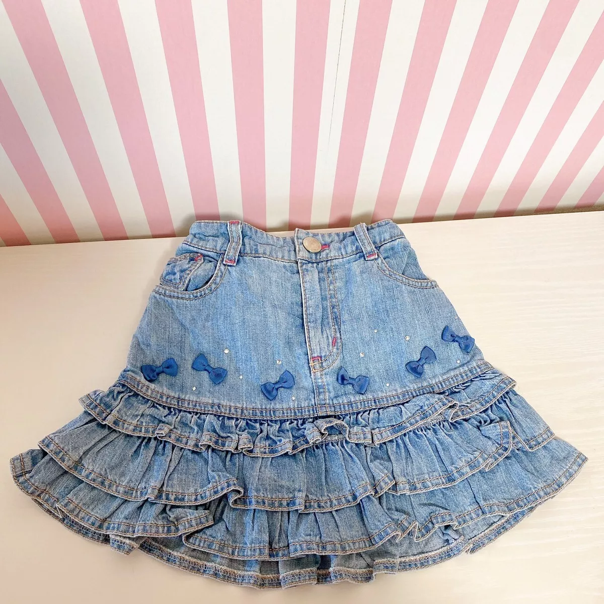 Mezzo Piano Denim Skirt 120 Size Heart Pocket Small Blue Ribbon Frill Sequin